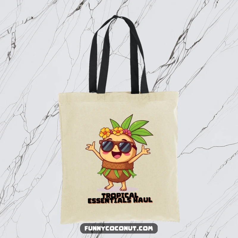 Funny tote bag featuring a happy coconut character in sunglasses, dancing the hula with infectious tropical energy.